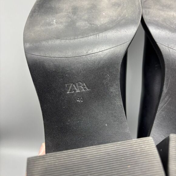 Zara Ankle Boots Women’s Size 40 US 9 Black Leather Pull On Block Heel - Picture 12 of 15